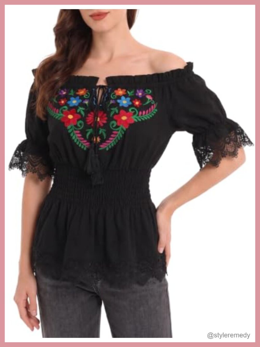 Mexican Embroidered Peasant Top Bell Sleeve Boho Blouse